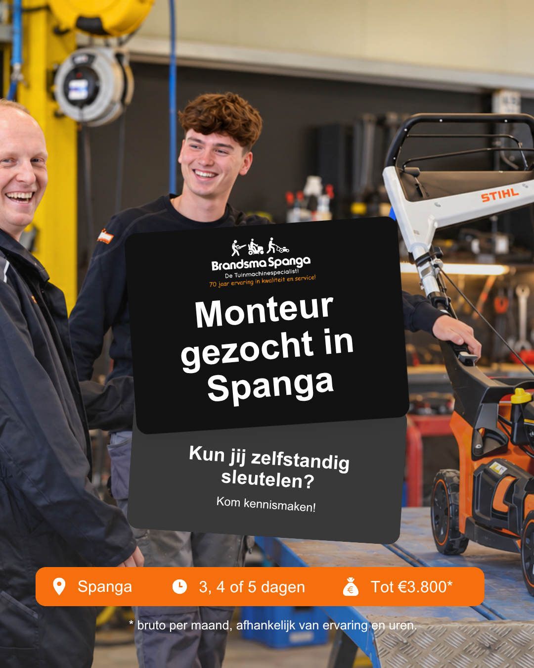Monteur gezocht in Spanga. Kun jij zelfstandig sleutelen? Kom kennismaken
